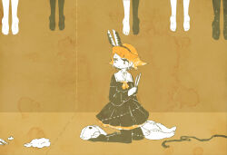 Rule 34 | 1girl, 5others, :&lt;, alternate costume, black dress, black hairband, black pantyhose, blade, blush, broken toy, commentary request, cut-here line, dress, full body, hair ornament, hairband, hairclip, hanging, headgear, highres, holding, holding scissors, kagamine rin, kneeling, limited palette, long sleeves, looking back, mossan, multiple others, neckerchief, orange hair, orange neckerchief, pantyhose, puffy long sleeves, puffy sleeves, sailor collar, scissors, short hair, sleeve cuffs, solo focus, stuffed animal, stuffed toy, swept bangs, vocaloid, white sailor collar
