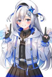 Rule 34 | 1girl, absurdres, amane kanata, amane kanata (work), angel, angel wings, belt, black dress, black gloves, blue eyes, blue hair, dress, gloves, grin, hair ornament, hairclip, halo, hideharu, highres, hololive, hood, hood down, jacket, jewelry, long hair, long sleeves, looking at viewer, multicolored eyes, multicolored hair, necklace, purple eyes, smile, solo, star (symbol), star halo, star necklace, v, virtual youtuber, white background, white headwear, white jacket, white wings, wings