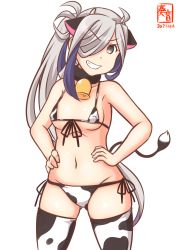 Rule 34 | 1girl, ahoge, alternate costume, animal ears, animal print, artist logo, asashimo (kancolle), bell, bikini, breasts, cow ears, cow girl, cow horns, cow print, cow tail, cowbell, cowboy shot, dated, gradient hair, grey eyes, grin, hair over one eye, hands on own hips, horns, kanon (kurogane knights), kantai collection, long hair, looking at viewer, multicolored hair, navel, neck bell, one-hour drawing challenge, ponytail, print bikini, print thighhighs, purple hair, side-tie bikini bottom, silver hair, simple background, small breasts, smile, solo, swimsuit, tail, teeth, thighhighs, very long hair, white background