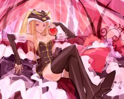Rule 34 | 10s, 1girl, animal hat, apple, bad id, bad pixiv id, bare shoulders, boots, brown hair, couch, detached sleeves, food, fruit, hat, mawaru penguindrum, pillow, princess of the crystal, purple eyes, roncele, sitting, solo, takakura himari, thigh boots, thighhighs
