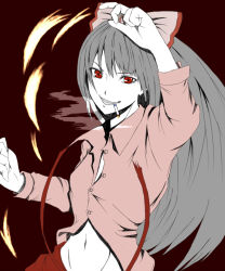 Rule 34 | 1girl, arm up, artist request, bad id, bad pixiv id, cigarette, female focus, fire, flat color, fujiwara no mokou, grey hair, grin, hair ribbon, hiruno, long hair, long sleeves, navel, open clothes, open shirt, pale skin, red eyes, red theme, ribbon, shirt, simple background, smile, smoke, solo, suspenders, torn clothes, touhou