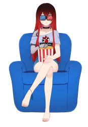 Rule 34 | 3d glasses, anklet, bare legs, bare shoulders, barefoot, choker, epic fail project, erica naito, food, highres, jewelry, long hair, mechanical arms, mechanical parts, movie theater, original, popcorn, red hair, self-upload, sitting, solo, toes, transparent background