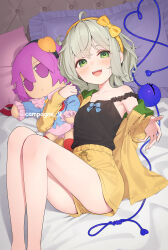 Rule 34 | 1girl, bare legs, bed sheet, black camisole, blush, bow hairband, camisole, character doll, feet out of frame, fumo (doll), green hair, hairband, heart, heart of string, highres, kanpa (campagne 9), knees up, komeiji koishi, komeiji satori, looking at viewer, lying, on back, pillow, shirt, short hair, short shorts, shorts, smile, solo, third eye, touhou, twitter username, yellow hairband, yellow shirt, yellow shorts
