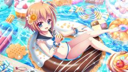 Rule 34 | 1girl, ahoge, bare legs, bare shoulders, barefoot, bikini, blue eyes, blue sailor collar, blue scrunchie, blue wrist cuffs, brown hair, cake, candy, checkerboard cookie, cheery, collarbone, cookie, cupcake, dot nose, doughnut, drink, drinking straw, drinking straw in mouth, earbuds, earphones, film grain, flip-flops, flower, food, from above, fruit, game cg, hair flower, hair ornament, hair scrunchie, ice cream, ice cream cone, innertube, izumi tsubasu, lens flare, looking at viewer, navel, non-web source, official art, open mouth, pool, popsicle, re:stage!, reclining, sailor bikini, sailor collar, sandals, scrunchie, shikimiya mana, short hair, side-tie bikini bottom, smile, solo, sparkle, splashing, strawberry, swim ring, swimsuit, water, white bikini, white flower, wrist cuffs, yellow flower