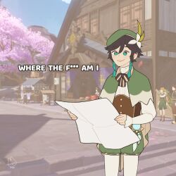 Rule 34 | 1boy, androgynous, aqua hair, bard, beret, black hair, braid, cape, cecilia flower (genshin impact), censored, censored text, collared cape, commentary, english commentary, flower, frilled sleeves, frills, genshin impact, gradient hair, green cape, green eyes, green headwear, green shorts, hat, hat flower, highres, holding, holding map, holding paper, katheryne (genshin impact), long sleeves, looking at viewer, male focus, map, map (object), meme, mlem, multicolored hair, open mouth, outdoors, pantyhose, paper, short hair with long locks, shorts, side braids, smile, twin braids, venti (genshin impact), vision (genshin impact), white flower, white pantyhose