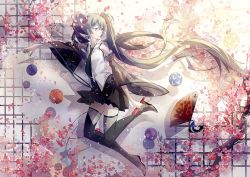 Rule 34 | 1girl, boots, cherry blossoms, detached sleeves, folding fan, green eyes, green hair, hand fan, hatsune miku, kyer, long hair, matching hair/eyes, necktie, petals, skirt, solo, thigh boots, thighhighs, twintails, very long hair, vocaloid