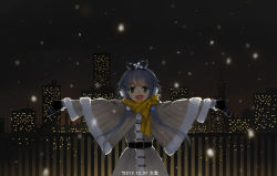 Rule 34 | 10s, 1girl, 2012, :d, city, city lights, dated, earmuffs, green eyes, hair ornament, highres, ink (y3297528xx), luo tianyi, mittens, night, open mouth, outstretched arms, scarf, smile, snow, solo, spread arms, vocaloid, winter
