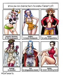 Rule 34 | 6+girls, between breasts, black hair, blue hair, bottle, breasts, cape, cleavage, cosplay, costume switch, domino (one piece), domino (one piece) (cosplay), dress, glasses, groin, hand on own hip, hands on own hips, highres, iury padilha, japanese clothes, jewelry bonney, kimono, large breasts, long hair, midriff, milk bottle, monkey d. luffy, monkey d. luffy (cosplay), multiple girls, nami (one piece), nami (one piece) (cosplay), navel, necktie, necktie between breasts, nefertari vivi, nico robin, nico robin (cosplay), nojiko, one piece, orange hair, overalls, pink hair, shorts, sideboob, tagme, tashigi, tattoo, thick thighs, thighhighs, thighs, wide hips