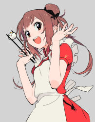 Rule 34 | + +, 1girl, :d, brown hair, chopsticks, grey background, open mouth, original, poo (donkan gokko), simple background, smile, solo
