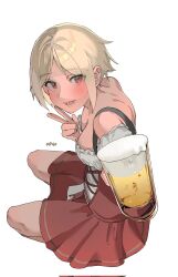 Rule 34 | alcohol, beer, blonde hair, blush, breasts, brown eyes, character name, cleavage, corrupted twitter file, cup, dirndl, from above, german clothes, girls&#039; frontline, highres, holding, holding cup, looking at viewer, lower teeth only, medium breasts, mp40 (girls&#039; frontline), open mouth, short hair, simple background, sitting, teeth, w, white background, yongsadragon