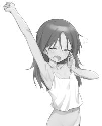 Rule 34 | 1girl, absurdres, arm up, armpits, bare shoulders, breasts, camisole, closed eyes, fang, fankupl, female focus, francesca lucchini, greyscale, highres, long hair, messy hair, monochrome, navel, open mouth, simple background, sleepy, small breasts, solo, stretching, strike witches, upper body, world witches series, yawning