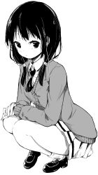 Rule 34 | 1girl, breasts, buttons, cardigan, closed mouth, collared shirt, commentary, earphones, expressionless, full body, greyscale, highres, loafers, long hair, long sleeves, low twintails, miniskirt, monochrome, necktie, own hands together, pleated skirt, school uniform, shiiba aki, shirt, shoes, simple background, skirt, socks, solo, squatting, tamura yuri, twintails, watashi ga motenai no wa dou kangaetemo omaera ga warui!, white background