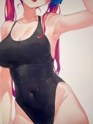 Rule 34 | 1girl, akasaai, arm up, armpits, bare shoulders, black one-piece swimsuit, breasts, cleavage, collarbone, covered navel, cropped, highres, long hair, one-piece swimsuit, open mouth, original, pink hair, shiny clothes, simple background, skindentation, solo, swimsuit, tongue, virtual youtuber
