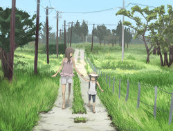 Rule 34 | 2girls, bad id, bad pixiv id, brown hair, day, fence, hair ornament, hairclip, holding hands, hat, multiple girls, original, outdoors, penpen (penpen1942), power lines, sandals, scenery, shorts