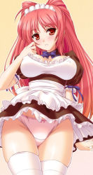 Rule 34 | 00s, 1girl, apron, black dress, blush, bow, bow panties, bowtie, breasts, choker, cleavage, covered erect nipples, dress, frills, kawase seiki, kousaka tamaki, lace, lace-trimmed panties, lace trim, large breasts, long hair, maid, maid apron, maid headdress, panties, pantyshot, petticoat, pink panties, red eyes, red hair, skirt, solo, standing, thighhighs, thighs, to heart (series), to heart 2, underwear, upskirt, waitress, white panties, white thighhighs