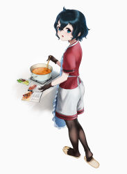 Rule 34 | 1girl, animal slippers, apron, beleven, black gloves, black hair, black pantyhose, blue eyes, blush, cooking, food, frilled apron, frills, gloves, grey shorts, highres, kaban (kemono friends), kemono friends, looking at viewer, no headwear, pantyhose, red shirt, shirt, short hair, short sleeves, shorts, slippers, solo, t-shirt, white apron