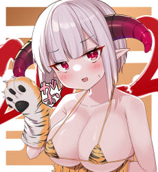 Rule 34 | 1girl, 2022, :d, animal hands, animal print, bare shoulders, bikini, blunt bangs, blush, breasts, chinese zodiac, cleavage, collarbone, commentary request, egasumi, gloves, grey hair, highres, horns, large breasts, micro bikini, open mouth, orange bikini, orange gloves, original, paw gloves, pointy ears, print bikini, print gloves, red eyes, short hair, smile, solo, sweat, swimsuit, templus, tiger print, upper body, year of the tiger