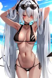 Rule 34 | 1girl, absurdres, armpits, arms behind head, arms up, bare shoulders, beach, bikini, black bikini, black gloves, blue archive, blue sky, blush, breasts, choker, cleavage, collarbone, dark-skinned female, dark skin, demon tail, duplicate, eyewear on head, gloves, grey hair, hair over one eye, hair ribbon, halo, highres, iori (blue archive), iori (swimsuit) (blue archive), long hair, looking at viewer, medium breasts, multi-strapped bikini bottom, navel, pointy ears, red eyes, ribbon, sky, solo, sunglasses, swimsuit, tail, thigh strap, thighs, twintails, very long hair, yoshimoto (carpsukidayo)