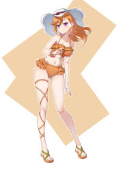Rule 34 | 1girl, absurdres, bare shoulders, bikini, blush, breasts, cleavage, collarbone, commentary request, fingernails, frilled bikini, frills, full body, gluteal fold, hair between eyes, hat, highres, knees together feet apart, long hair, looking at viewer, love live!, love live! superstar!!, medium breasts, nail polish, navel, orange hair, orange nails, outline, purple eyes, sandals, shibuya kanon, simple background, skindentation, smile, solo, standing, stomach, sun hat, swept bangs, swimsuit, thigh gap, thighs, toenail polish, toenails, toes, white background, white hat, white outline, yzlkun
