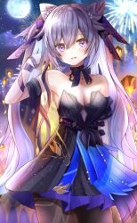Rule 34 | 1girl, absurdres, arm up, bare shoulders, black dress, bow, breasts, cleavage, collarbone, cone hair bun, cowboy shot, double bun, dress, fireworks, genshin impact, hair bun, hair ornament, highres, keqing (genshin impact), keqing (opulent splendor) (genshin impact), long hair, looking at viewer, medium breasts, mitsu336, moon, night, official alternate costume, open mouth, pantyhose, purple eyes, purple hair, ribbon, sky, smile, solo, star (sky), starry sky, strapless, strapless dress, twintails