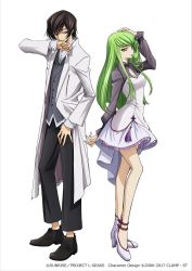Rule 34 | 1boy, 1girl, arm up, bare legs, black footwear, black hair, black pants, breasts, c.c., chiba yuriko, cleavage cutout, clothing cutout, code geass, commentary request, company name, dress, green hair, grey dress, grey vest, hand on own head, high heels, jacket, lavender footwear, layered dress, lelouch vi britannia, light smile, long hair, looking at viewer, medium breasts, official art, pants, purple eyes, shirt, shoes, simple background, vest, watermark, white background, white jacket, white shirt, yellow eyes