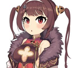 Rule 34 | 1girl, alternate breast size, azur lane, bare shoulders, black dress, blunt bangs, blush, breasts, brown hair, china dress, chinese clothes, cleavage, cleavage cutout, clothing cutout, coat, covered erect nipples, dress, eyelashes, flower ornament, fur-trimmed coat, fur trim, hair ornament, hairband, highres, looking at viewer, medium breasts, no bra, parted lips, ping hai (azur lane), raised eyebrows, red dress, red eyes, sideboob, sidelocks, simple background, sleeveless, sleeveless dress, solo, twintails, two-tone dress, upper body, user pyhk2433, white background, white hairband