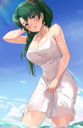 Rule 34 | 1girl, absurdres, alternate costume, bare shoulders, blue sky, blush, breasts, cleavage, cloud, cloudy sky, collarbone, commentary, day, dress, earrings, fire emblem, fire emblem: the blazing blade, green hair, highres, jewelry, long hair, looking at viewer, lyn (fire emblem), medium breasts, nintendo, open mouth, ormille, outdoors, ponytail, skirt hold, sky, solo, sunlight, wading, water, white dress