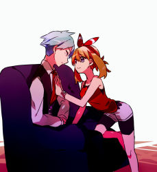 Rule 34 | 1boy, 1girl, ankea (a-ramo-do), bad id, bad pixiv id, bike shorts, black shorts, bow, bracelet, brown hair, closed mouth, collarbone, collared shirt, couple, creatures (company), eye contact, game freak, grey hair, hair between eyes, hair bow, hairband, highres, jewelry, leaning forward, long hair, looking at another, may (pokemon), nintendo, pokemon, pokemon oras, purple eyes, red bow, red hairband, red neckwear, red shirt, shirt, shorts, shorts under shorts, simple background, sleeveless, sleeveless shirt, smile, steven stone, striped, striped bow, white background, white shirt, white shorts, wing collar