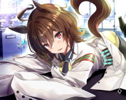 Rule 34 | 1girl, agnes tachyon (umamusume), ahoge, animal ears, black necktie, black pantyhose, black shirt, blush, brown hair, coat, commentary request, earrings, hair between eyes, highres, horse ears, horse girl, horse tail, jewelry, lab coat, laboratory, looking at viewer, lying, microscope, necktie, on stomach, pantyhose, purple eyes, shirt, short hair, short necktie, single earring, sleeves past wrists, solo, sweater, tail, umamusume, uu-tan (hushigi10), white coat, yellow sweater