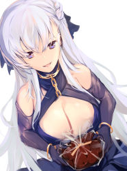 Rule 34 | 1girl, absurdres, azur lane, bare shoulders, belfast (azur lane), belfast (the noble attendant) (azur lane), blue dress, blue eyes, bow, bracelet, breasts, chain, chain necklace, cleavage, dress, gift, hair bow, hair ornament, highres, jewelry, large breasts, long hair, looking at viewer, necklace, open mouth, purple eyes, ring, shika (shika0), silver hair, smile, solo, white background