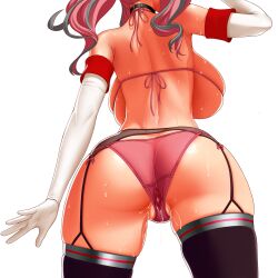 Rule 34 | 1girl, arm up, ass, azur lane, back, backboob, bare shoulders, black choker, black thighhighs, bra, breasts, bremerton (azur lane), choker, commentary, cowboy shot, elbow gloves, english commentary, from behind, garter belt, gloves, grey hair, head out of frame, highres, huge breasts, large breasts, long hair, lucknight, multicolored hair, panties, pink bra, pink hair, pink panties, pussy juice, simple background, skindentation, solo, standing, stomach, streaked hair, thighhighs, twintails, two-tone hair, underwear, white background, white gloves
