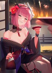 Rule 34 | 1girl, absurdres, aerial fireworks, bare shoulders, black hairband, black kimono, blush, bottle, breasts, cleavage, commentary request, cup, detached collar, feet out of frame, fireworks, flower, fox mask, grin, hair flower, hair ornament, hairband, hand up, head tilt, highres, holding, holding bottle, holding cup, hololive, hololive english, indoors, japanese clothes, jiki (gkdlfnzo1245), kimono, korean commentary, long sleeves, looking at viewer, mask, mask on head, mori calliope, mori calliope (new year), nail polish, off shoulder, pink hair, red eyes, red nails, sakazuki, short hair, sitting, smile, solo, virtual youtuber, wrist cuffs