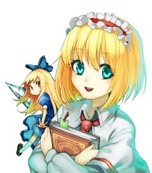 Rule 34 | 1girl, alice margatroid, bad id, bad pixiv id, blonde hair, bloomers, blue dress, blue eyes, blush, book, hugging book, capelet, doll, dress, drill, frills, hair ribbon, hairband, highres, holding, holding book, hugging object, lips, lolita hairband, long hair, long sleeves, looking at viewer, looking back, necktie, open mouth, outstretched arm, puffy sleeves, red eyes, ribbon, shanghai doll, shirt, shoes, short hair, short sleeves, simple background, smile, solo, thighhighs, touhou, underwear, wadani hitonori, white background, white shirt, white thighhighs