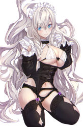 Rule 34 | 1girl, belt, belt buckle, belt collar, black panties, black thighhighs, blue eyes, bow, bowtie, bra, braid, braiding hair, breasts, breasts out, buckle, clenched hand, collar, commentary, eyes visible through hair, frilled cuffs, frills, garter belt, gloves, hair between eyes, hairdressing, half gloves, hands up, highres, kneeling, lace, lace-trimmed legwear, lace-trimmed panties, lace trim, large breasts, lingerie, long hair, maid headdress, mole, mole under eye, original, panties, parted lips, purple bow, side braid, smile, solo, symbol-only commentary, thighhighs, underwear, untue, very long hair, white background, white bra, white gloves, white hair