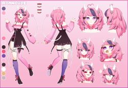 Rule 34 | 1girl, ahoge, ankle bell, ankle ribbon, bare shoulders, bell, boots, bow, bowtie, breasts, choker, color guide, commentary, crying, crying with eyes open, demon girl, demon horns, demon tail, english commentary, fang, full body, hair bell, hair ornament, heart, horns, ironmouse, ironmouse (1st costume), kneehighs, leg ribbon, long sleeves, looking at viewer, medium breasts, multicolored hair, multiple views, nail polish, neck bell, open mouth, pink background, pink hair, purple eyes, purple hair, red eyes, ribbon, simple background, single kneehigh, single sock, single thighhigh, socks, standing, tail, tears, teeth, theartgun, thigh strap, thighhighs, two-tone hair, virtual youtuber, vshojo, waving