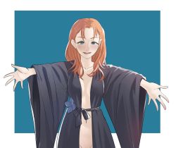 Rule 34 | 1girl, :d, annette fantine dominic, black kimono, blue eyes, blush, border, breasts, collarbone, commission, fire emblem, fire emblem: three houses, groin, highres, japanese clothes, kimono, long sleeves, looking at viewer, medium breasts, naked kimono, navel, nintendo, open mouth, orange hair, outstretched arms, pomelomelon, simple background, smile, solo, spread arms, white border, wide sleeves