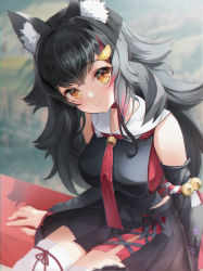 Rule 34 | 1girl, 7d7y7, absurdres, animal ears, bare shoulders, bell, black hair, black serafuku, black shirt, black skirt, black sleeves, blush, choker, closed mouth, commentary, cropped shirt, detached sleeves, flipped hair, hair between eyes, hair ornament, hairclip, highres, hololive, jingle bell, kouhaku nawa, long hair, looking at viewer, miniskirt, multicolored hair, necktie, ookami mio, ookami mio (1st costume), pleated skirt, red choker, red hair, red necktie, rope, sailor collar, sailor shirt, school uniform, serafuku, shimenawa, shirt, side slit, sidelocks, sitting, skirt, sleeveless, smile, solo, spiked hair, streaked hair, symbol-only commentary, tail, tail around own leg, tail wrap, thighhighs, very long hair, virtual youtuber, white sailor collar, white thighhighs, wolf ears, wolf girl, wolf tail, yellow eyes