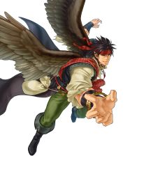 Rule 34 | 1boy, alternate costume, bag, bandages, belt, boots, bracelet, brown hair, dagger, drink, feathered wings, feathers, fire emblem, fire emblem: radiant dawn, fire emblem heroes, full body, headband, highres, jewelry, kita senri, knife, male focus, necklace, nintendo, official art, pointy ears, scar, solo, tibarn (fire emblem), transparent background, weapon, wings, yellow eyes