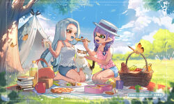 Rule 34 | 2girls, armpit crease, bag, blunt bangs, bow, breasts, brown eyes, bug, butterfly, cat, cleavage, cloud, cloudy sky, commentary, cup, day, denim, denim shorts, drill hair, drink, fang, food, frilled shirt, frills, fruit basket, green eyes, greyscale, handbag, hat, highres, holding, holding drink, inkling, inkling girl, inkling player character, insect, jinkobanana, long hair, medium breasts, monochrome, mug, multicolored clothes, multicolored headwear, multiple girls, nintendo, octoling, octoling girl, octoling player character, open mouth, outdoors, picnic, pile of books, pink shirt, plate, purple bow, purple hair, purple headwear, sample watermark, seiza, shirt, shorts, sidelocks, sitting, sky, splatoon (series), symbol-only commentary, tent, tree, twin drills, watermark, white headwear, white shirt