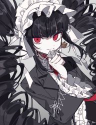 Rule 34 | 1girl, black hair, blunt bangs, bonnet, celestia ludenberg, center frills, claw ring, commentary request, danganronpa: trigger happy havoc, danganronpa (series), dress shirt, drill hair, earrings, finger to own chin, frills, gothic lolita, hand up, highres, jewelry, lolita fashion, long hair, long sleeves, looking at viewer, necktie, pale skin, parted lips, patzzi, red eyes, red necktie, shirt, smile, solo, teeth, twin drills, twintails