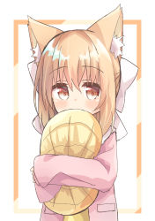 Rule 34 | 1girl, absurdres, animal ear fluff, animal ears, blush, bow, brown eyes, commentary request, covered mouth, hair between eyes, hair bow, highres, jacket, light brown hair, long sleeves, nakkar, hugging object, open clothes, open jacket, original, pillow, pillow hug, pink jacket, shirt, sidelocks, sleeves past wrists, solo, white background, white bow, yellow shirt