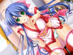 Rule 34 | 1girl, ahoge, akino takehiko, bed, bedroom, blue hair, blush, bow, breasts, character request, choker, cleavage, collarbone, curtains, dress, female focus, fingernails, green eyes, hair bow, hair ornament, hand on own chest, indoors, japanese clothes, large breasts, leaning forward, long hair, looking at viewer, nekoneko soft, obi, open mouth, panties, picture frame, pillow, pink bow, poster (object), red ribbon, ribbon, sash, scarlett, side-tie panties, sleeveless, sleeveless dress, solo, standing, underwear, waist bow, wardrobe, white dress, white panties, window, wrist ribbon