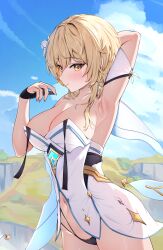 Rule 34 | 1girl, absurdres, arm up, armpits, black gloves, black panties, blonde hair, blue sky, breasts, cleavage, cloud, commentary request, cowboy shot, day, detached sleeves, dress, fingerless gloves, genshin impact, gloves, highres, large breasts, long hair, looking at viewer, lumine (genshin impact), navel, panties, presenting armpit, radoremo, short sleeves, sky, smile, solo, standing, strapless, strapless dress, underwear, white dress, yellow eyes