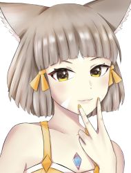 Rule 34 | 1girl, :3, animal ears, bare shoulders, cat ears, chest jewel, dress, facial mark, female focus, grey hair, hair ribbon, hand on face, highres, langspower, looking at viewer, nail polish, nia (fancy sundress) (xenoblade), nia (xenoblade), ribbon, short hair, simple background, smile, solo, upper body, white background, xenoblade chronicles (series), xenoblade chronicles 2, yellow dress, yellow eyes, yellow nails, yellow ribbon