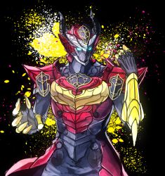 Rule 34 | 1boy, abstract background, armor, blue eyes, claws, clenched hand, coattails, gauntlets, glowing, glowing eyes, horns, kamen rider, kamen rider gaim (series), kumon kaito, lord baron, male focus, monster, monster boy, naokado, shoulder pads, solo