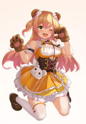 Rule 34 | 1girl, ;d, animal bag, animal ears, animal hands, arm garter, asymmetrical legwear, bad id, bad pixiv id, bare shoulders, bear bag, bear ears, bear paws, bell, blonde hair, blush, bodice, boots, bow, bowtie, breasts, brown footwear, cleavage cutout, clothing cutout, corset, cutout above navel, flower, frilled shirt, frilled skirt, frilled socks, frills, gloves, gradient hair, green eyes, hair flower, hair ornament, highres, hololive, jingle bell, jumping, large breasts, layered skirt, long hair, miniskirt, momosuzu nene, multicolored hair, multicolored neckwear, neck bell, one eye closed, open mouth, orange shirt, orange skirt, paw gloves, paw pose, peach ornament, pink hair, shirt, single sock, single thighhigh, skirt, skirt set, sleeveless, sleeveless shirt, smile, socks, solo, teeth, thighhighs, two side up, underbust, uneven legwear, upper teeth only, virtual youtuber, vococo, white socks, yellow skirt