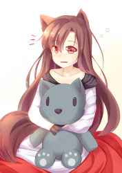 Rule 34 | animal ears, blinking, brooch, brown eyes, brown hair, hugging doll, drooling, fang, gradient background, imaizumi kagerou, jewelry, long hair, long sleeves, niiya, hugging object, open mouth, shirt, skirt, solo, stuffed animal, stuffed toy, stuffed wolf, tail, touhou, very long hair, waking up, werewolf, wide sleeves, wolf ears, wolf tail