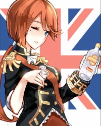 Rule 34 | 15k, 1girl, alcohol, black jacket, blue eyes, bottle, buttons, cup, double-breasted, drinking glass, epaulettes, eyebrows, flag background, gloves, gordon&#039;s gin, holding, holding bottle, holding cup, jacket, long sleeves, looking at viewer, low ponytail, military, military uniform, mole, mole under eye, nelson (warship girls r), one eye closed, parted lips, red hair, sash, shot glass, single glove, sleeves rolled up, solo, uniform, union jack, united kingdom, upper body, warship girls r, white gloves
