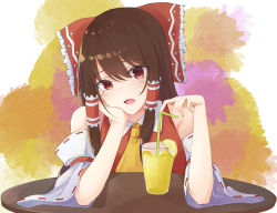 Rule 34 | 1girl, abstract background, armpit crease, ascot, bare shoulders, bow, brown hair, cup, detached sleeves, drinking glass, drinking straw, elbow rest, food, fruit, hair between eyes, hair bow, hair tubes, hakurei reimu, head in hand, head rest, head tilt, highres, lemon, lemon slice, lemonade, long hair, looking at viewer, open mouth, red eyes, red vest, ribbon-trimmed sleeves, ribbon trim, sidelocks, solo, table, teeth, touhou, vest, yellow ascot, ziro (zirorong)