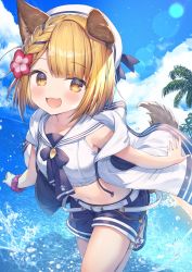 Rule 34 | 1girl, :d, animal ears, blonde hair, blue sky, blush, cloud, commentary request, dog ears, fang, granblue fantasy, highres, looking at viewer, navel, open mouth, palm tree, purple scrunchie, scrunchie, short hair, skin fang, sky, smile, solo, topia, tree, vajra (granblue fantasy), vajra (summer) (granblue fantasy), wrist scrunchie